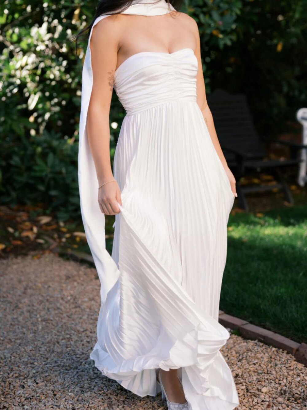 WENKAFO White Strapless Ruched Maxi Dress with Neck Scarf Size 18 NWT A-Line